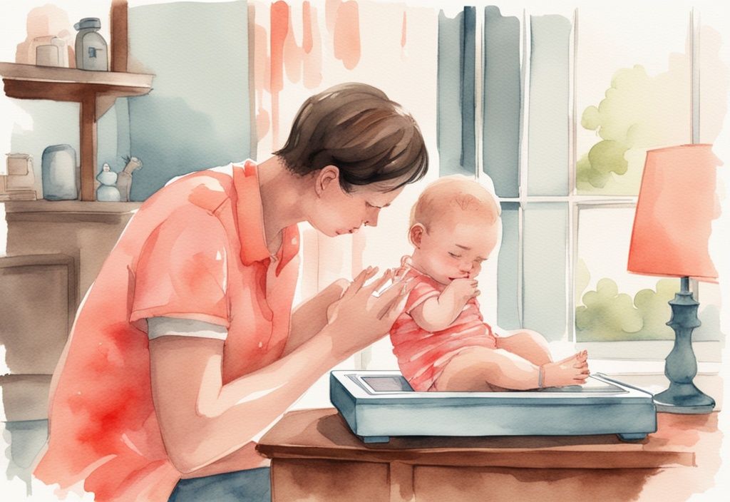 Modern watercolor illustration of a parent placing a baby on a digital scale with a coral color theme.