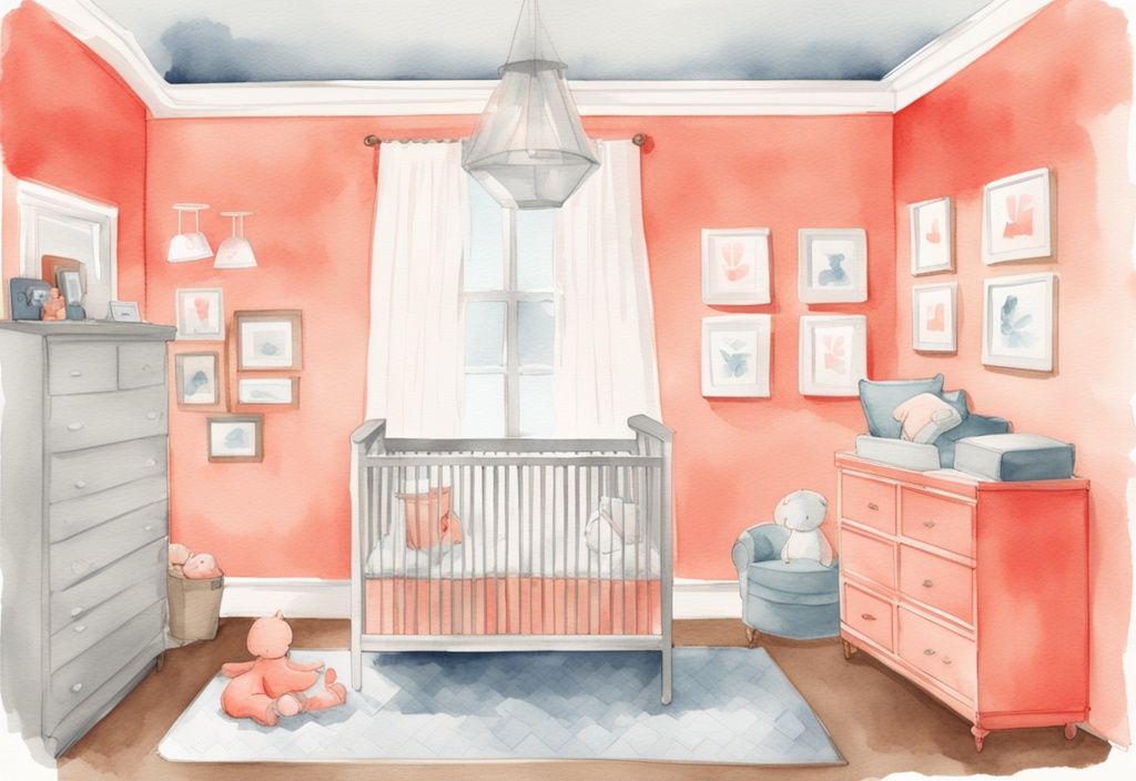 Modern watercolor illustration of a nursery room in coral theme, highlighting optimal spaces for where to put baby monitor, including a shelf, high chest of drawers, and wall-mounted positions for clear crib visibility.