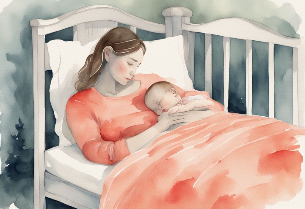 Modern watercolor illustration of a parent carefully placing a sleeping baby into a softly lit crib, depicting how to put baby down without waking.