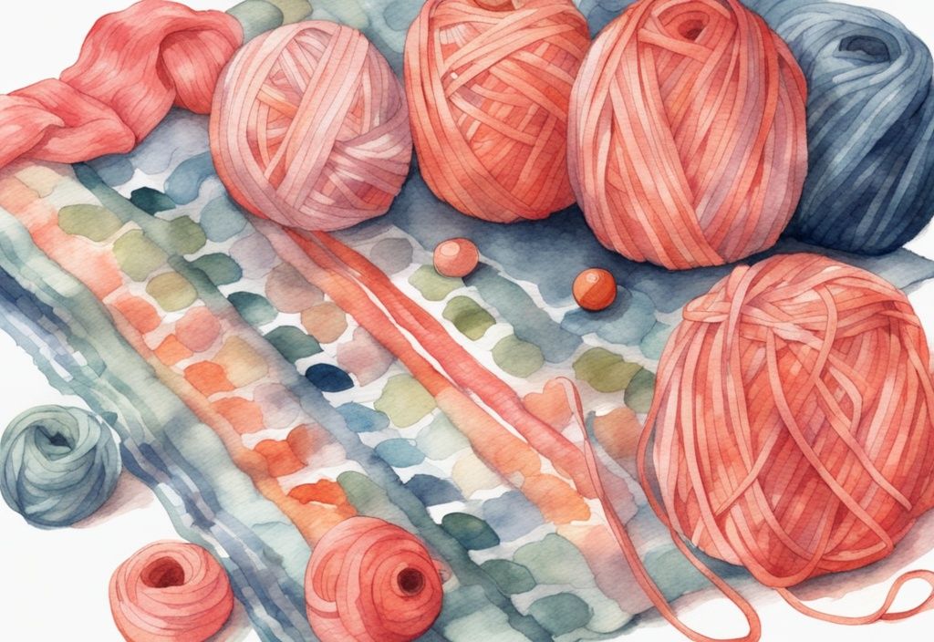 Modern watercolor illustration of colorful yarn balls and half-finished baby blanket with coral theme and measuring tape.