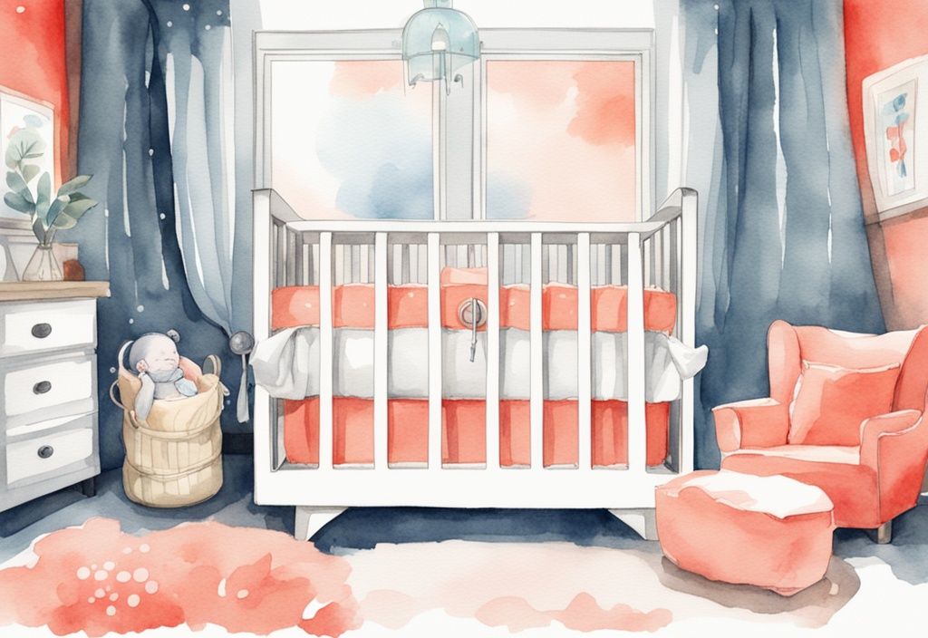 Modern watercolor illustration of a baby sleeping peacefully in a crib with a pacifier, highlighting the question: can babies sleep with pacifier, in a coral-themed scene.