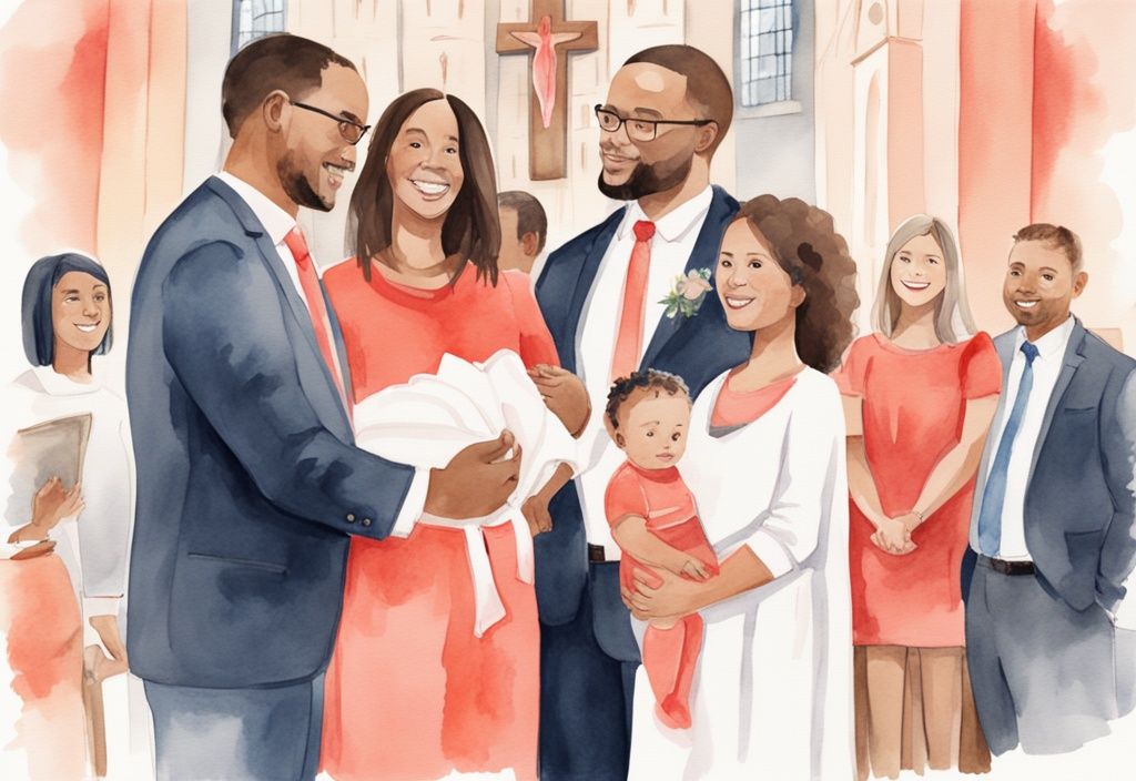 Modern watercolor illustration of a baby dedication ceremony with a happy family in coral theme, proud parents holding baby at church altar with pastor.