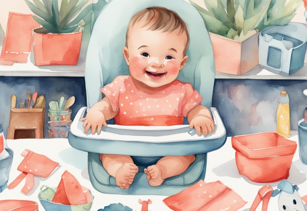 Modern watercolor illustration of a smiling baby in a high chair with colorful bibs in coral theme.