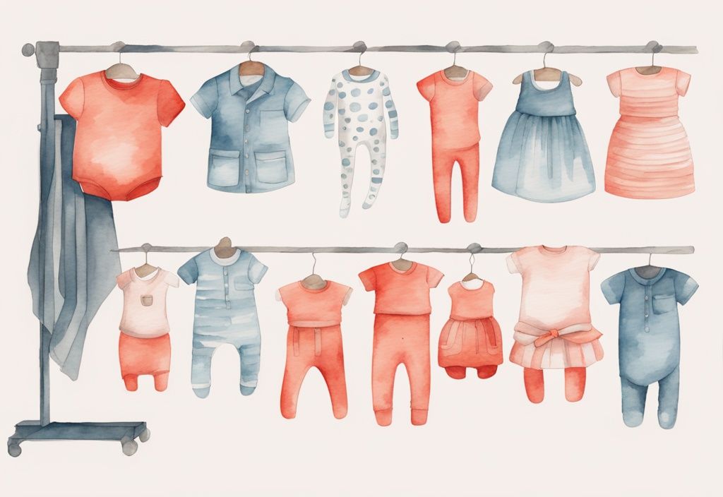 Modern watercolor illustration featuring coral-themed baby clothes on a size chart with mannequins, showcasing baby clothes sizing explained.