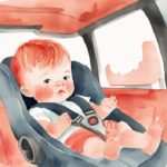 Modern watercolor illustration of a distressed baby in a car seat with a concerned parent soothing them, themed in coral colors, addressing the question: why does my baby hate the car seat.