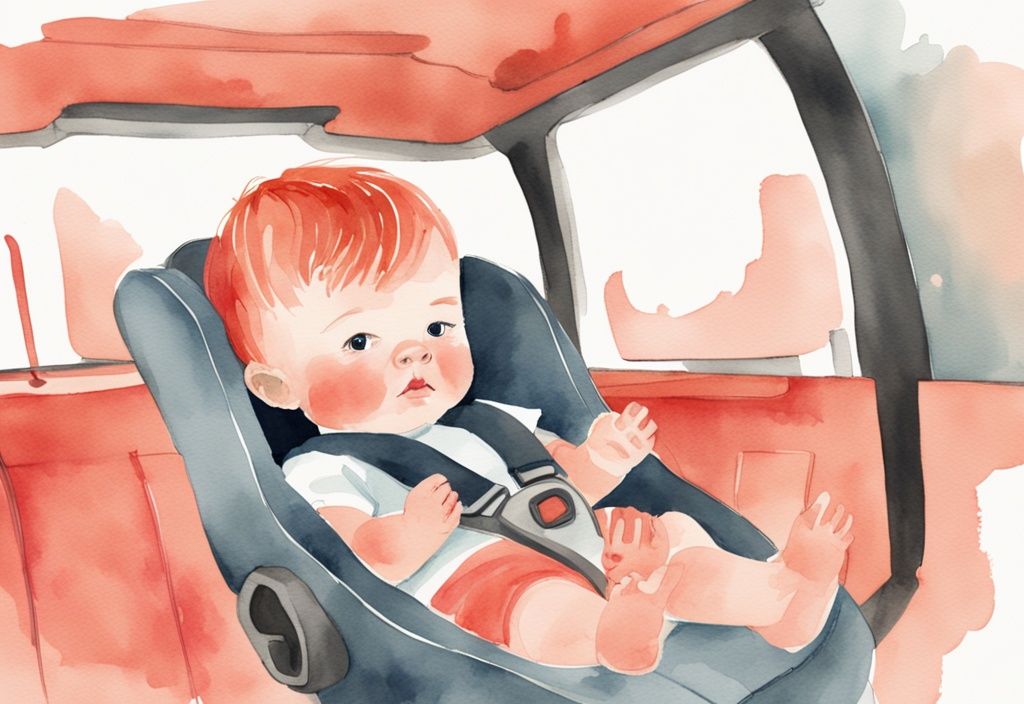 Modern watercolor illustration of a distressed baby in a car seat with a concerned parent soothing them, themed in coral colors, addressing the question: why does my baby hate the car seat.