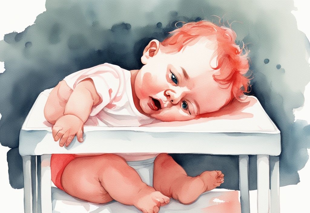 Modern watercolor illustration of a frustrated baby with furrowed brows and pouted lips squirming on a changing table during a diaper change, coral color theme.