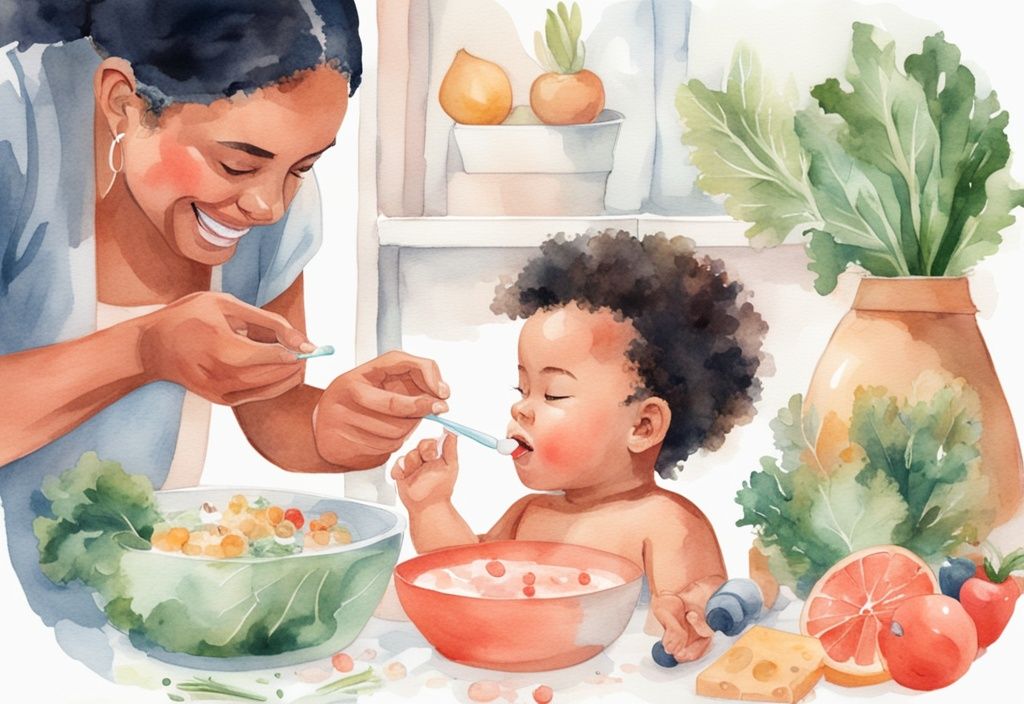 Modern watercolor illustration showing a parent using natural remedies on baby's tooth, with healthy foods like cheese, yogurt, and leafy vegetables in the background, demonstrating how to treat cavities in baby teeth naturally.