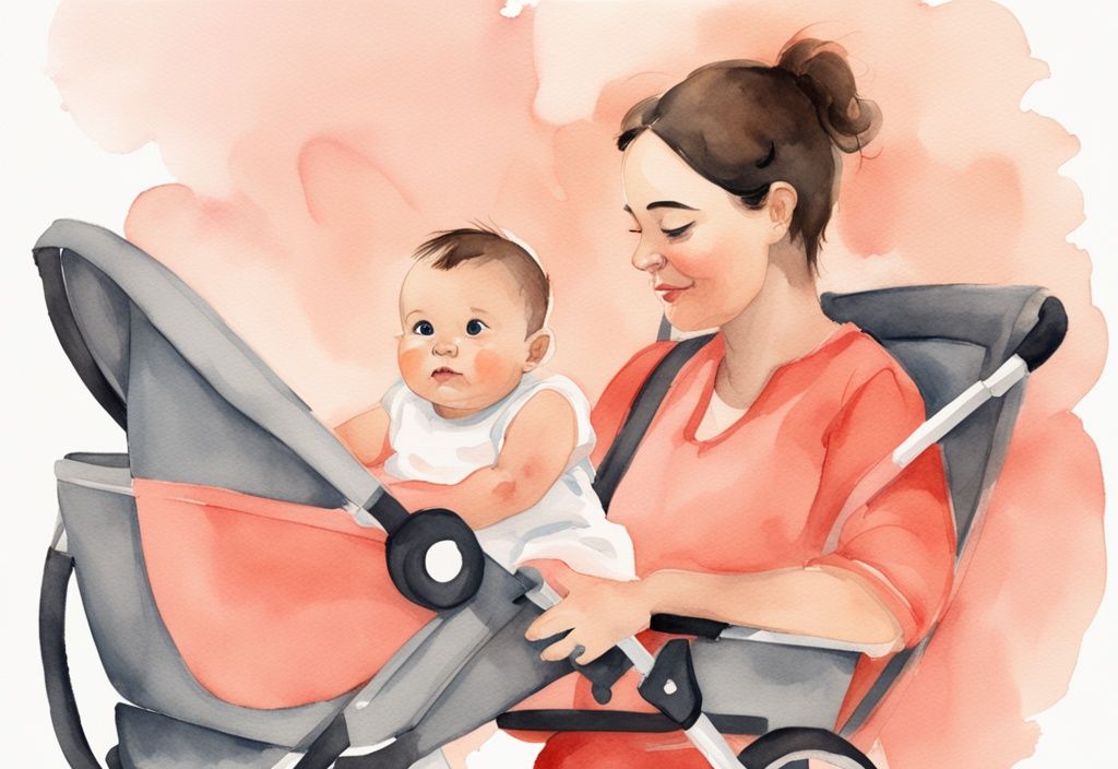 Modern watercolor illustration of a baby in a coral-themed stroller with a parent nearby, highlighting the appropriate age for stroller use.