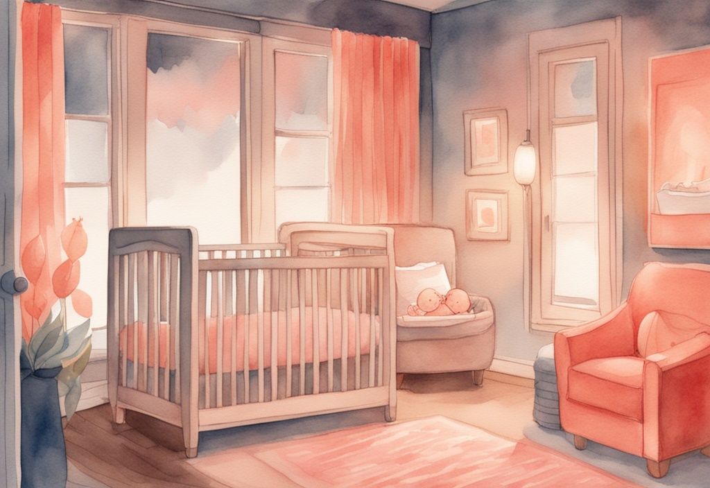 Modern watercolor illustration of a sleeping baby transitioning from parent's arms to a cozy crib, with coral hues and a soft nightlight glow.