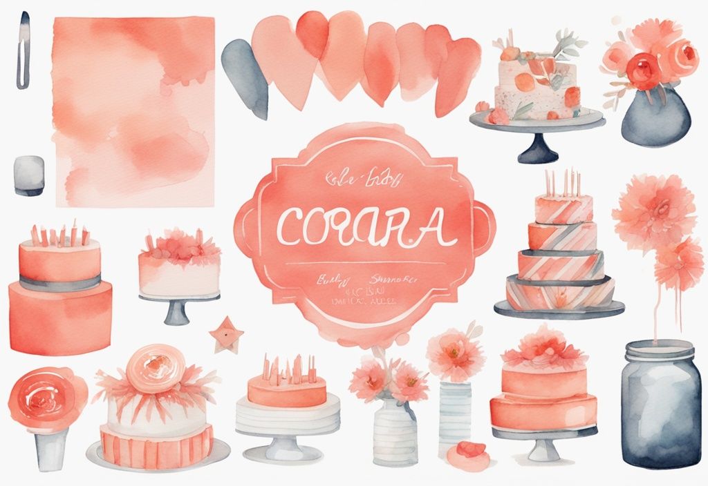 Modern watercolor illustration of a coral-themed baby shower with invitations, decorations, gifts, and cake, each tagged with prices.