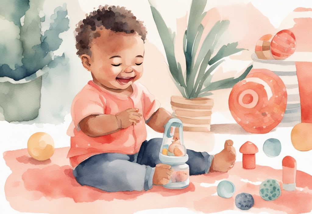 Modern watercolor illustration of a happy 5-month-old baby engaging in activities like playing with colorful educational toys, crawling on a soft rug, and being fed by a smiling parent, showcasing ideas for what to do with a 5-month-old baby all day.