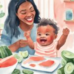 Modern watercolor illustration of a baby in a high chair eagerly reaching for a thin cucumber slice, depicting how to serve cucumber to baby.