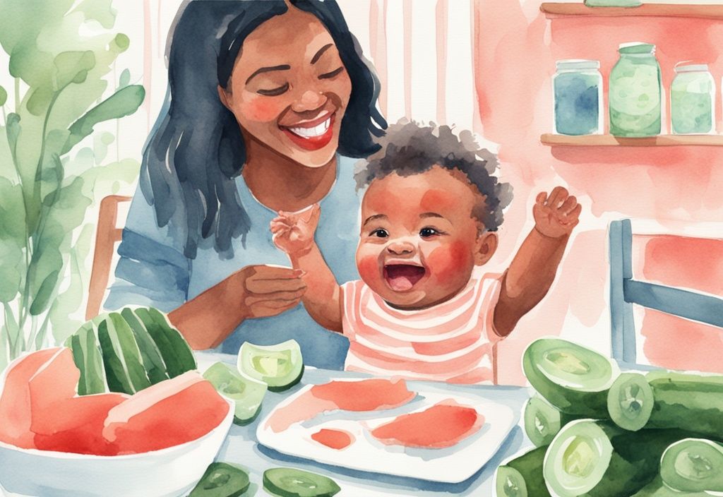 Modern watercolor illustration of a baby in a high chair eagerly reaching for a thin cucumber slice, depicting how to serve cucumber to baby.