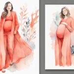 Modern watercolor illustration of a stylishly dressed woman in coral-themed layers and loose clothing, expertly accessorizing to conceal her baby bump, demonstrating how to hide baby bump.