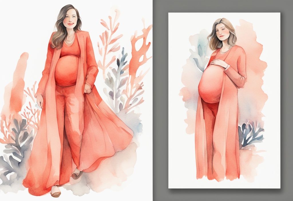 Modern watercolor illustration of a stylishly dressed woman in coral-themed layers and loose clothing, expertly accessorizing to conceal her baby bump, demonstrating how to hide baby bump.