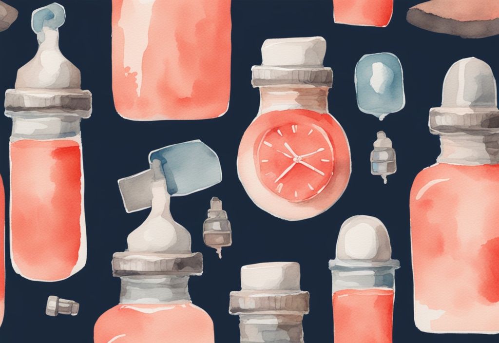 Modern watercolor illustration of coral-themed baby bottles showing wear stages and indicators for how often to replace baby bottles.