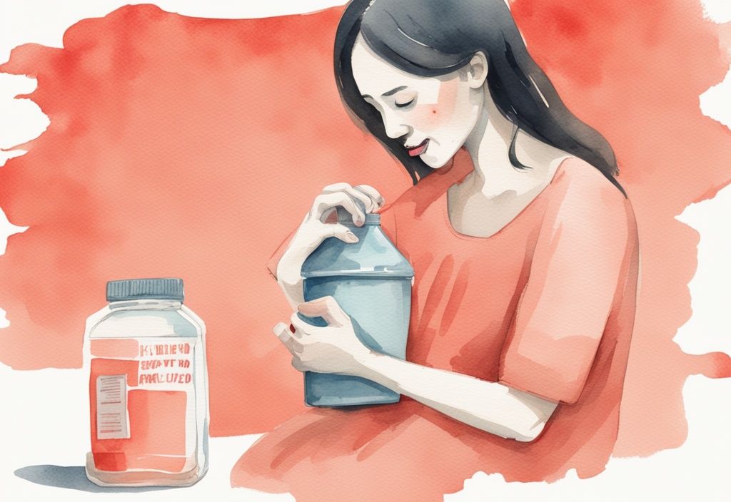 Modern watercolor illustration of a distressed mother holding an empty formula bottle with an expiry date, while her baby gnaws at an empty formula box, depicting the theme "I accidentally gave my baby expired formula.