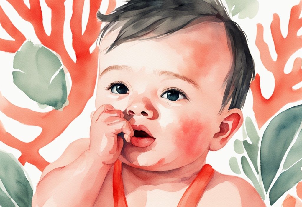 Modern watercolor illustration of a baby with a puzzled expression, hand rubbing ear, in coral color theme.