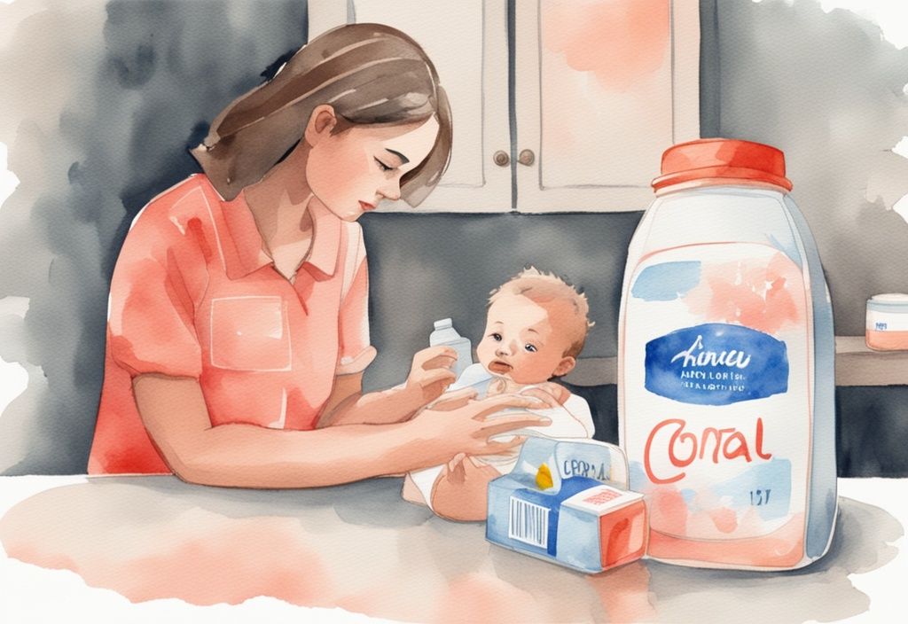 Modern watercolor illustration of a concerned parent examining an expired baby formula bottle, with a baby in a high chair nearby, coral color theme.