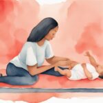 Modern watercolor illustration of a parent and baby on a soft mat practicing rolling over; guide on how to practice rolling with baby in a coral-themed artwork.