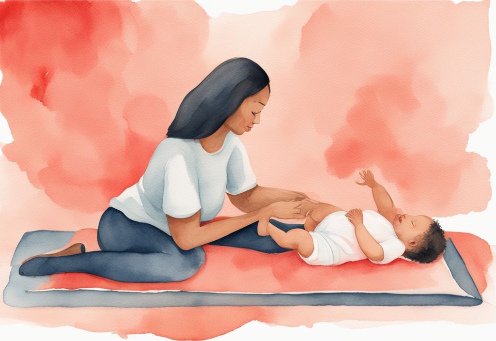 Modern watercolor illustration of a parent and baby on a soft mat practicing rolling over; guide on how to practice rolling with baby in a coral-themed artwork.