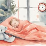 Modern watercolor illustration of a baby sleeping peacefully in a pack and play, with a clock in the background, highlighting the theme "how long can a baby sleep in a pack and play" in a coral color palette.