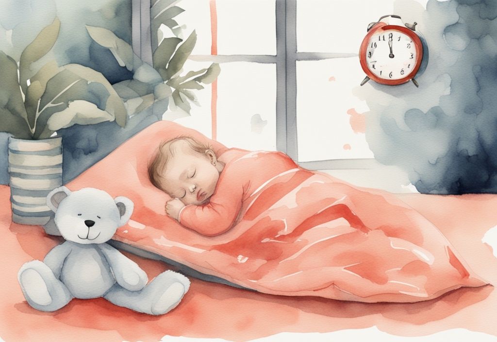 Modern watercolor illustration of a baby sleeping peacefully in a pack and play, with a clock in the background, highlighting the theme "how long can a baby sleep in a pack and play" in a coral color palette.