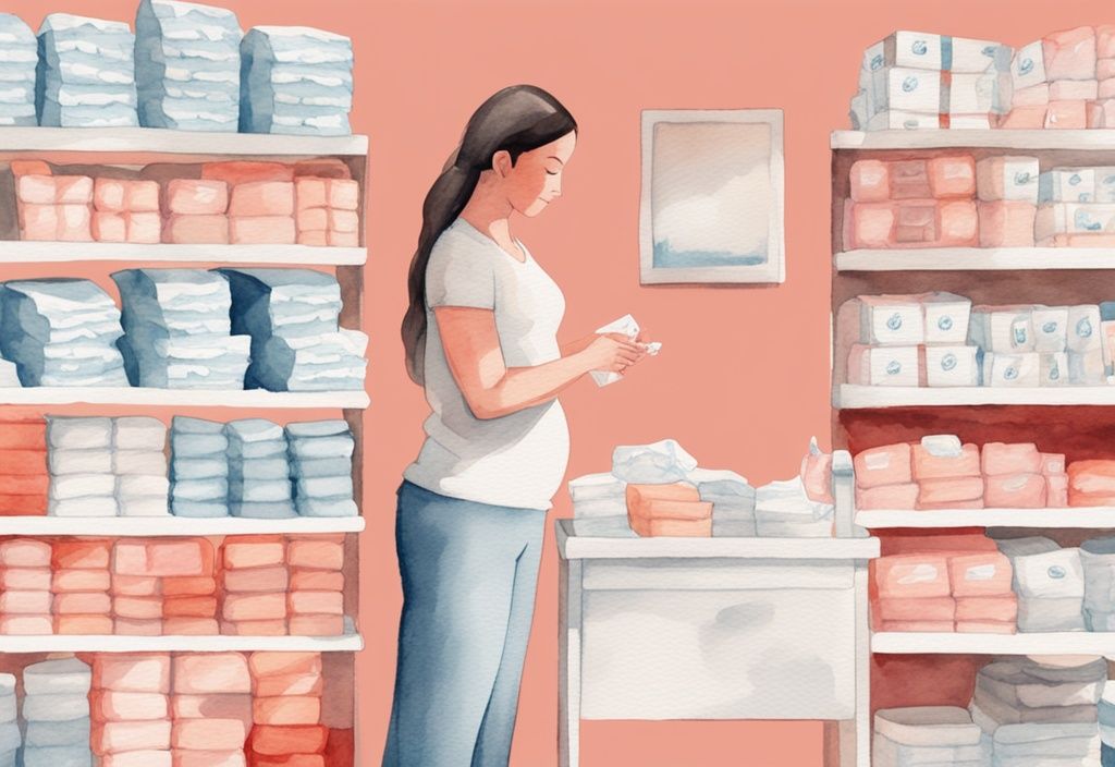 Modern watercolor illustration of a new mother by a changing table with stacks of baby wipes in coral theme.