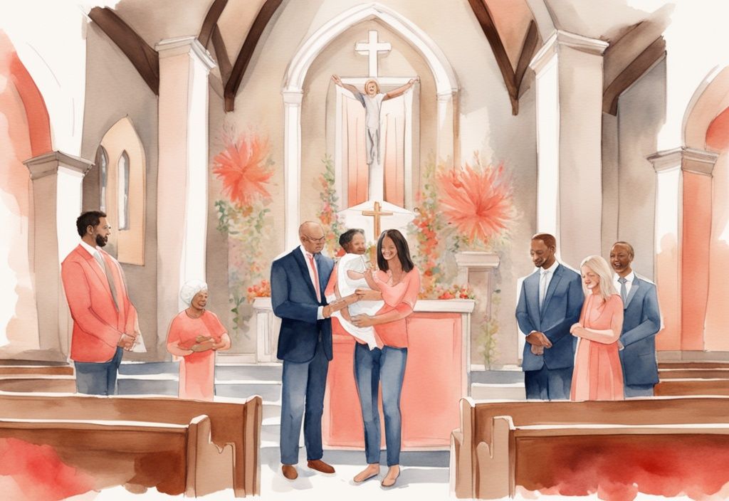 Modern watercolor illustration of a baby dedication ceremony with proud parents holding their baby in front of a pastor at a church altar, coral color theme.