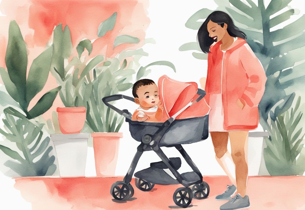 Modern watercolor illustration of a cheerful baby sitting upright in a stroller, with a parent highlighting features, addressing when can babies sit in stroller.