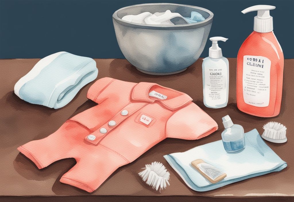 Modern watercolor illustration of soiled baby clothes on a laundry table with coral theme, featuring a cleaning solution bowl, brush, and stain removal instruction card.