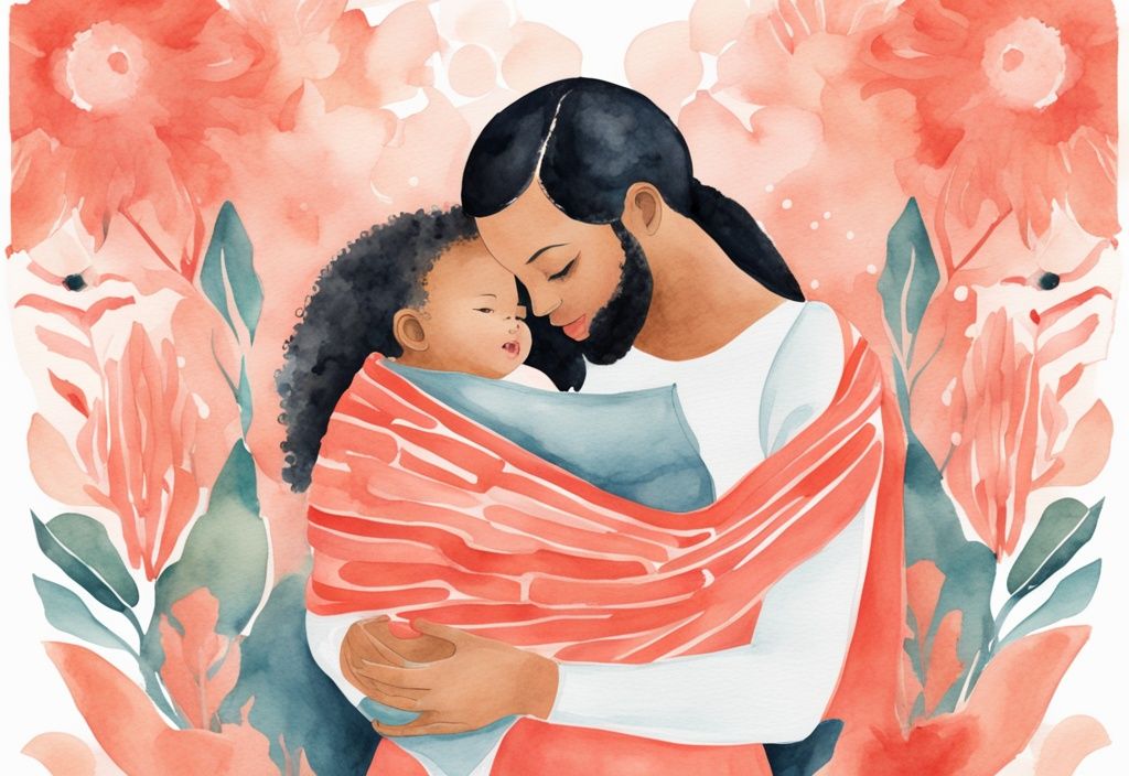 Modern watercolor illustration of hands creating a coral-themed scarf sling holding a happy baby.