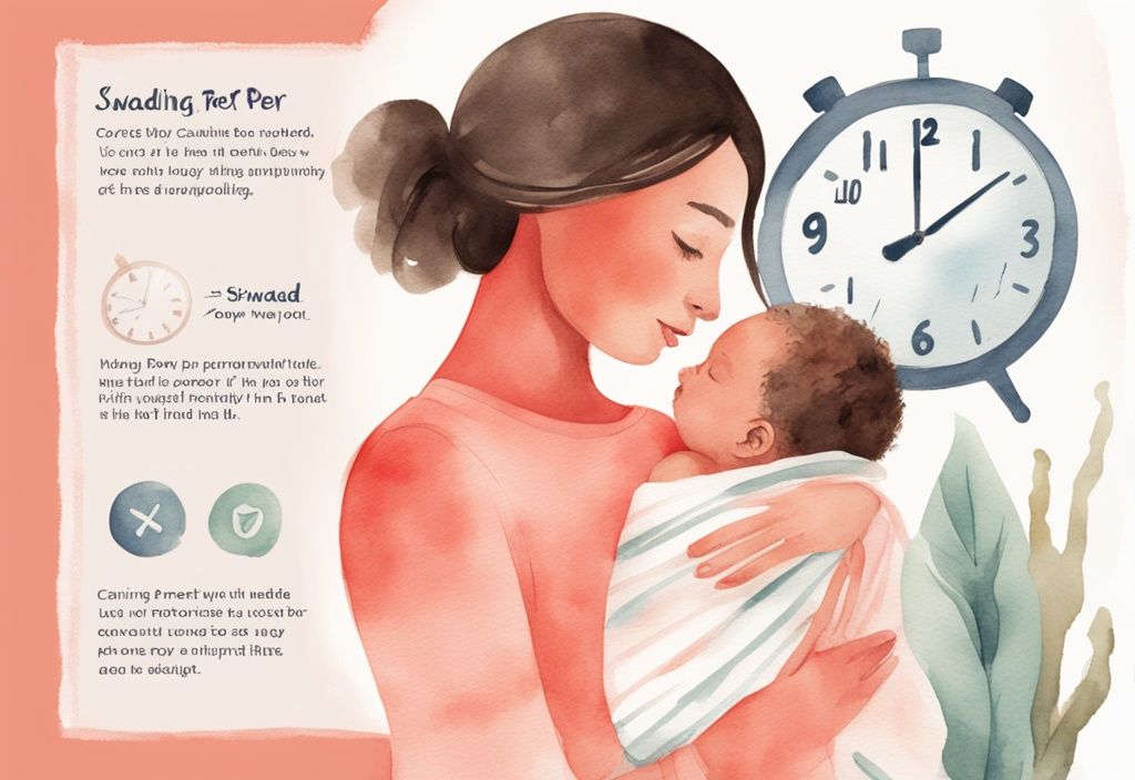 Modern watercolor illustration of a parent swaddling a newborn in a cozy room with coral theme, featuring a clock and infographic on swaddling duration.