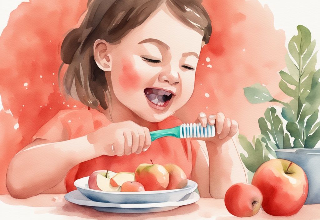 Modern watercolor illustration of a mother brushing baby's teeth with toddler toothbrush, featuring coral theme and natural dental health foods like apples and cheese in background.