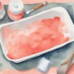 Modern watercolor illustration showing how to clean a baby bathtub with items like a sponge, mild soap, clean cloth, and empty baby bathtub in coral theme.