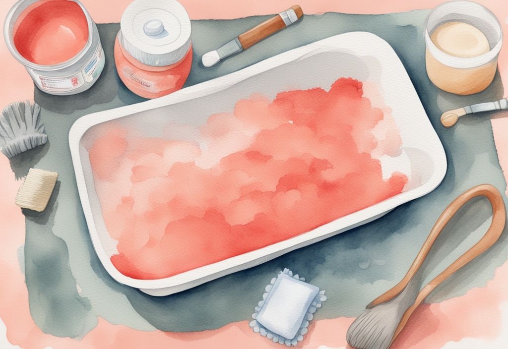 Modern watercolor illustration showing how to clean a baby bathtub with items like a sponge, mild soap, clean cloth, and empty baby bathtub in coral theme.