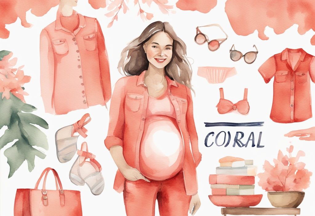 Modern watercolor illustration of a woman in coral-themed casual chic attire for a baby shower, showcasing trendy maternity wear options on a table.