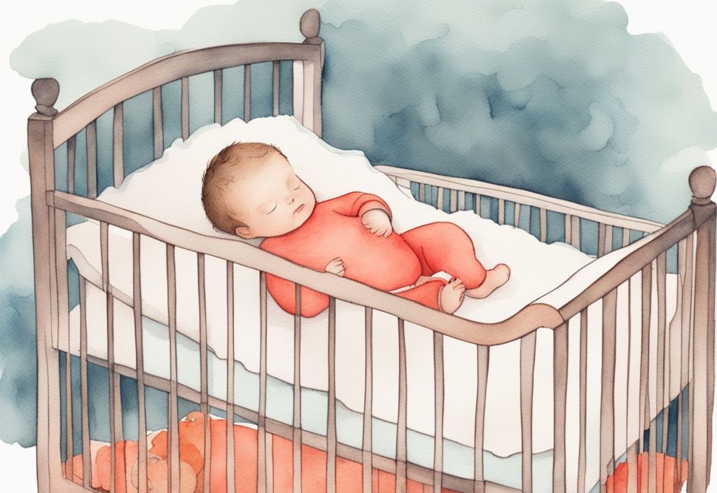 Modern watercolor illustration of a baby sleeping in a crib with a coral color theme, holding a stuffed animal toy.