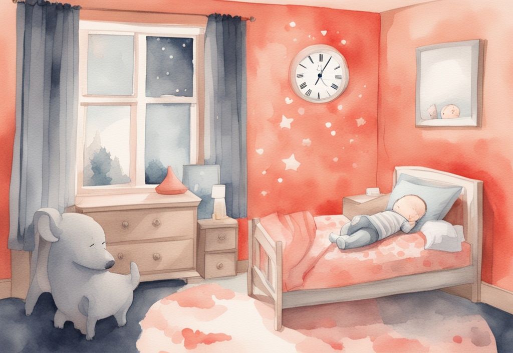 Modern watercolor illustration of a peaceful baby sleeping at 3am, with a parent tiptoeing out, highlighting how to stop baby waking at 3am in a softly lit room with coral hues.