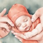 Modern watercolor illustration of hands shaping a baby bonnet, symbolizing how to shape baby head with hands, in coral color theme.