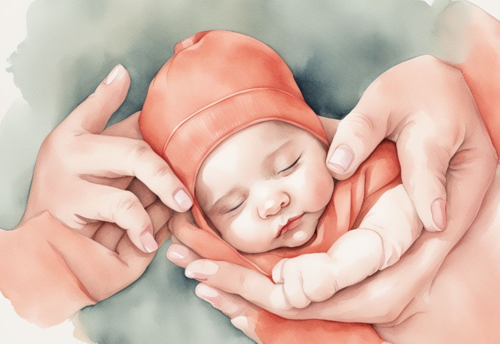 Modern watercolor illustration of hands shaping a baby bonnet, symbolizing how to shape baby head with hands, in coral color theme.