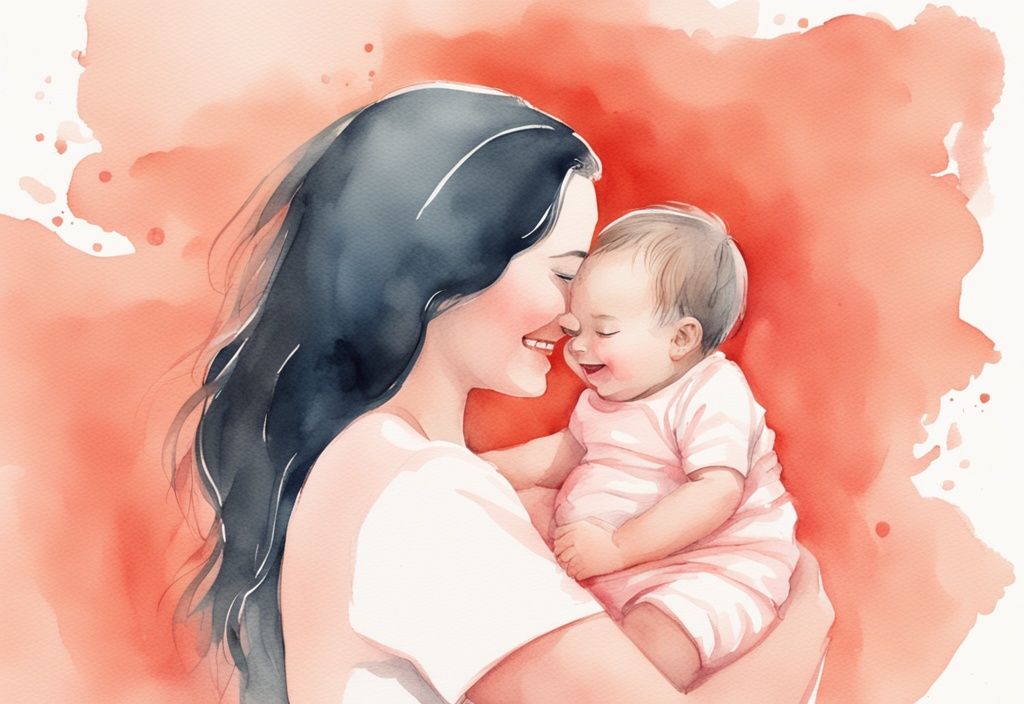 Modern watercolor illustration of a joyful parent lovingly gazing at their giggling baby in coral tones, capturing the essence of why do I love my baby so much.