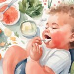 Modern watercolor illustration of a parent treating cavities in baby teeth naturally with a cotton swab, surrounded by healthy foods like cheese, yogurt, and leafy vegetables, with a coral color theme.