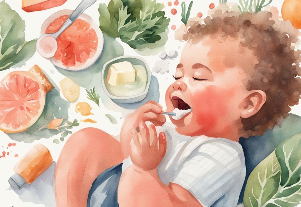 Modern watercolor illustration of a parent treating cavities in baby teeth naturally with a cotton swab, surrounded by healthy foods like cheese, yogurt, and leafy vegetables, with a coral color theme.