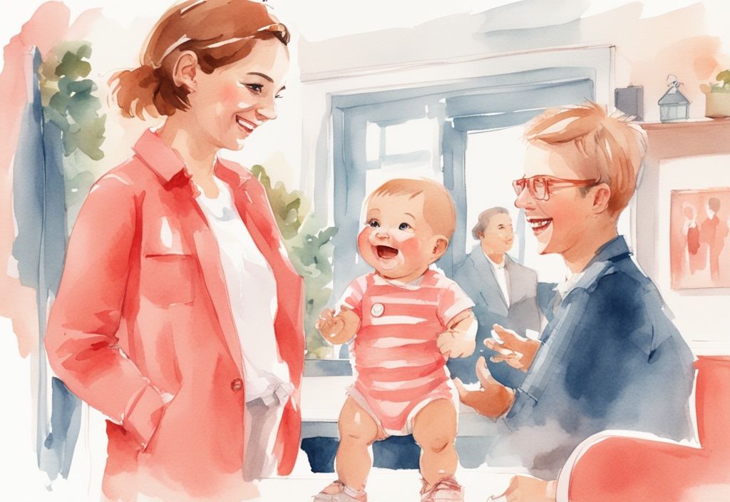 Modern watercolor illustration of a cheerful baby in stylish clothes, coral theme, with parent and talent agent discussing in background.