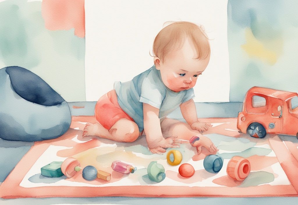 Modern watercolor illustration of a frustrated baby on a play mat with coral theme, pushing away from tummy time, surrounded by colorful baby toys.