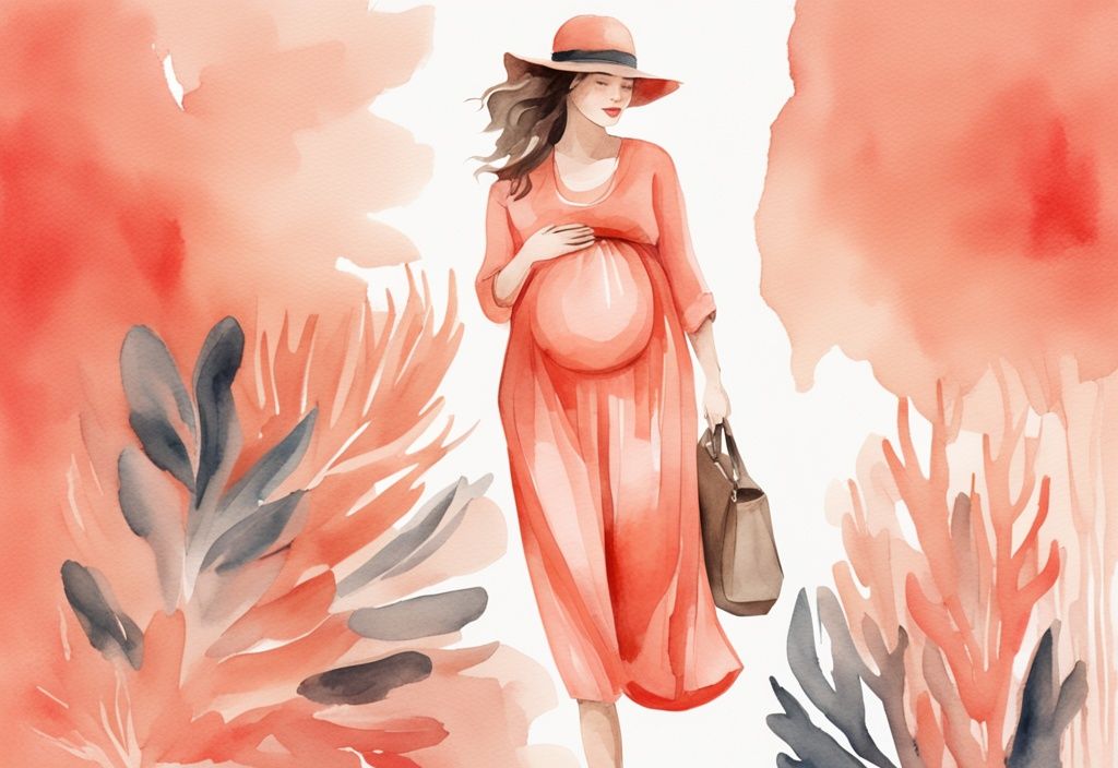 Modern watercolor illustration of a stylishly dressed woman in coral-themed layers and loose clothing, demonstrating how to hide baby bump with elegant accessories.