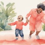 Modern watercolor illustration of a joyful toddler taking first steps towards parents, highlighting the theme of when do babies start walking, with coral as the main color.