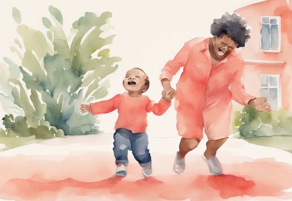 Modern watercolor illustration of a joyful toddler taking first steps towards parents, highlighting the theme of when do babies start walking, with coral as the main color.